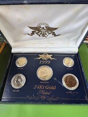 1999 24kt Gold Plated US Mint 5 Coin Set Uncirculated In Presentations Box